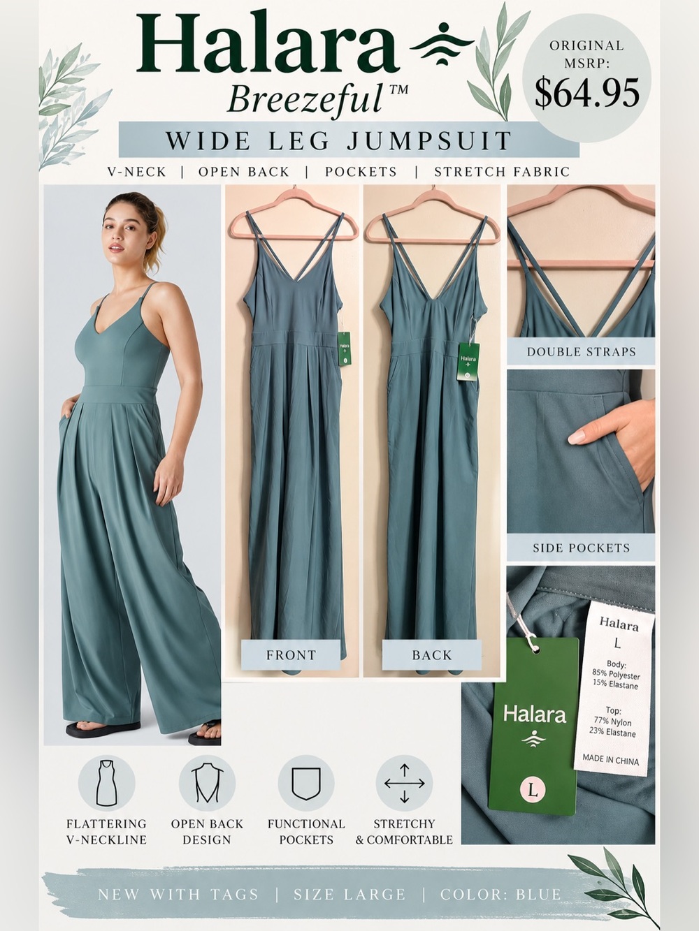 HALARA Breezeful Wide Leg Jumpsuit in Slate Blue-Green